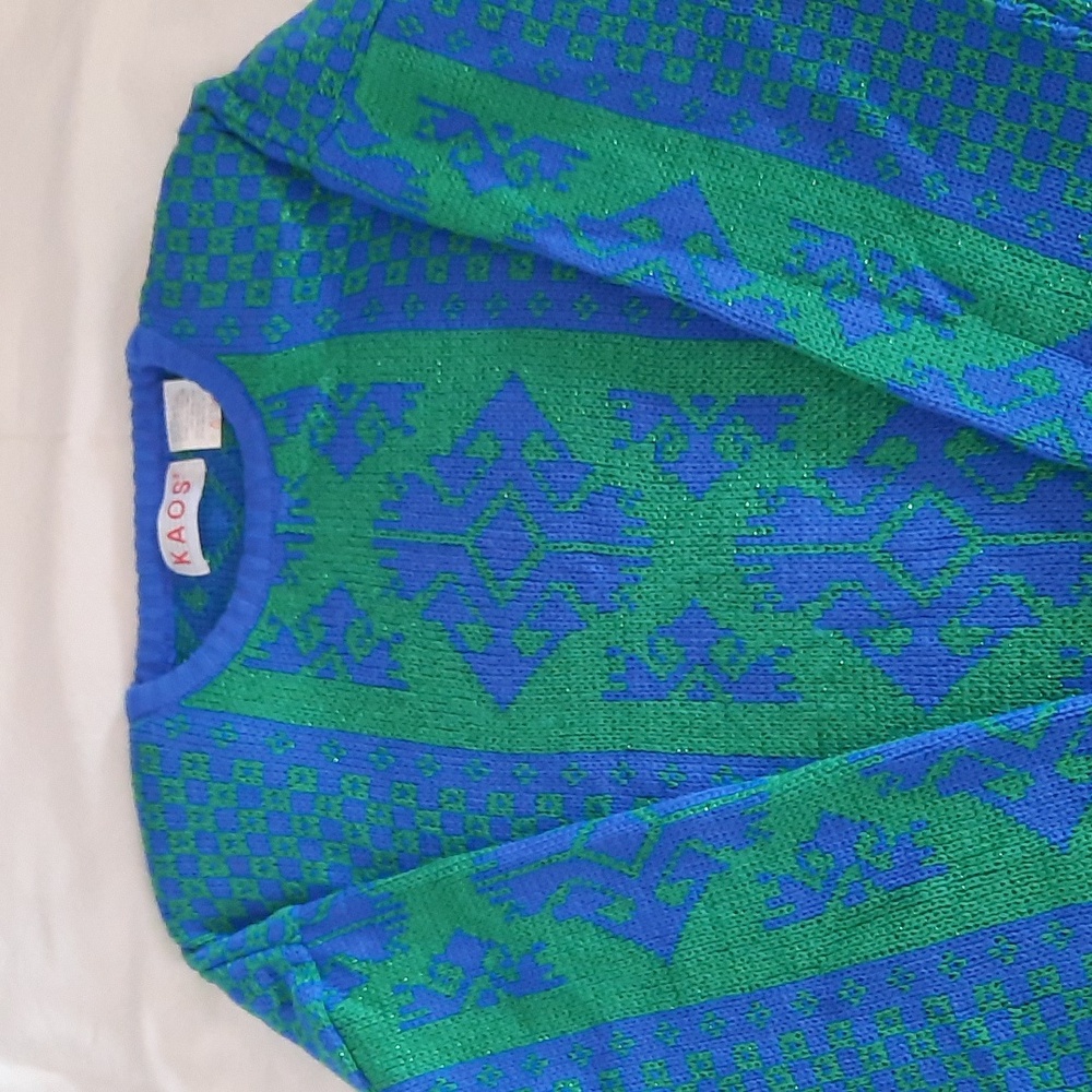 Vintage Kaos Blue and Green Aztec Shimmery Patterned Large Women's Sweater